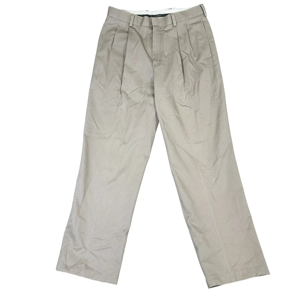LL Bean Classic Fit Pleated Chinos Mens 32 Khaki Tan Cotton Twill Pants 0JAY2